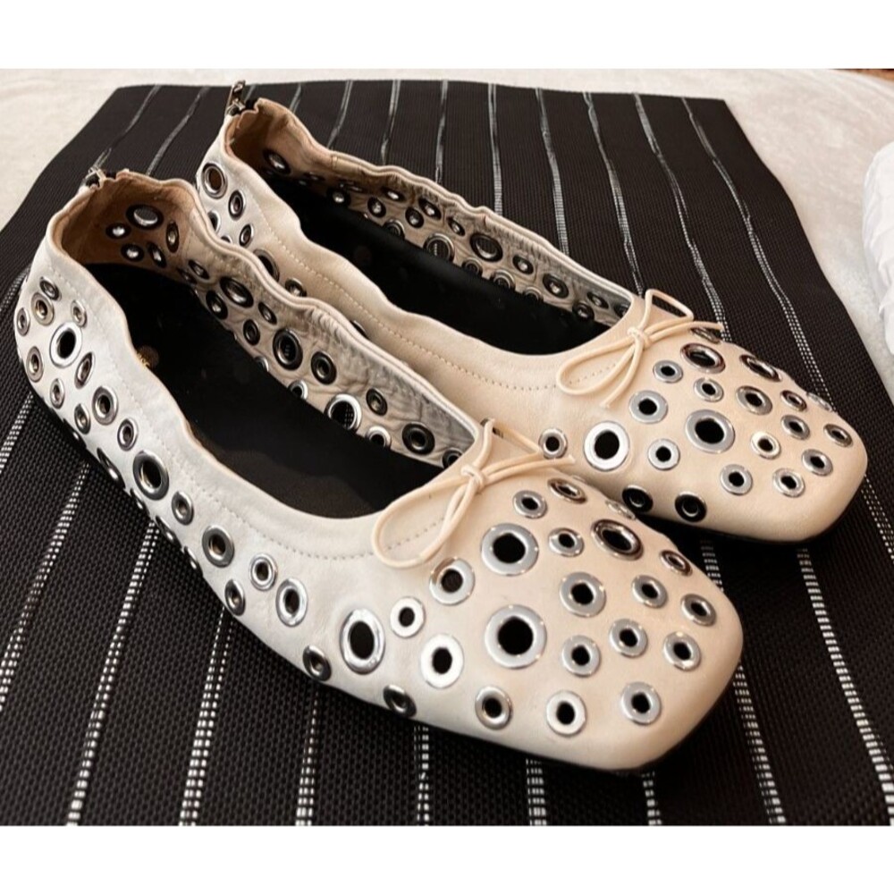 Golden Goose Deluxe Leather White Grommet Zip Ballet Amy Flat sz EU 40 US 10 NEW